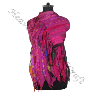 Sari en soie recyclée 15 bandes étole en soie de sari recyclée indienne fabricant de gros de patchs de sari indiens réversibles - Product Image 3