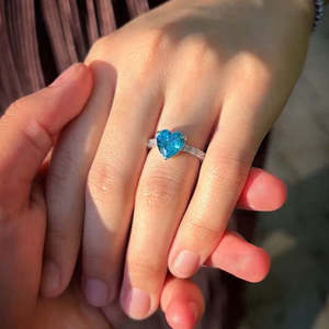 NOVAMART Fine Hallmark <b>Silver</b> Women's <b>Ring</b> Premium Aqua Blue Heart Prong <b>Set</b> Inlay Romantic Vintage 18K Gold Plating Trendy - Product Image 1