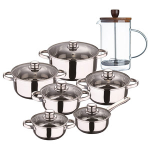 Set di pentole San Ignacio in acciaio inox da 12 pezzi con finitura cromata, collezione Cassel + Caffettiera in vetro borosilicato - Product Image 1