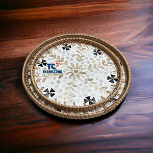 ถาดรองจานประดับมุกทำมือสไตล์เวียดนามพร้อมขอบหวายธรรมชาติสำหรับตกแต่งภายใน - Product Image 2