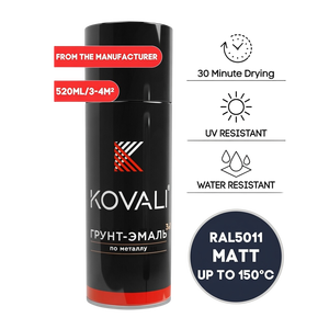 KOVALI 3 en 1 Aerosol en Spray, Imprimación, Esmalte, Protección Anticorrosión para Metal, Madera, Hormigón, Acero Mate, Azul RAL 5011, 520ml - Product Image 1