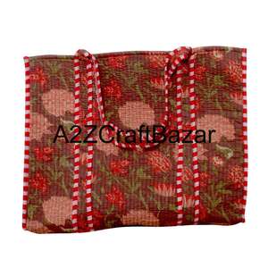 Sac fourre-tout en coton fait main indien pour femmes avec surpiqûres matelassées, tissu imprimé en blocs, grande capacité, sac à bandoulière - Product Image 6