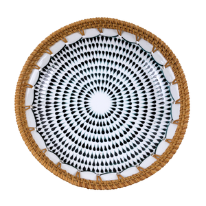 Assiette ronde en céramique faite à la main motif géométrique noir plat de service décoratif en rotin tissé écologique pour la fête à la maison - Product Image 4