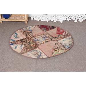 Alfombra clásica de lana Beige bohemia de 3,3x3,3 pies, diseño de retazos hecho a mano para área grande para entrada, pasillo, altura de pila de felpa - Product Image 1