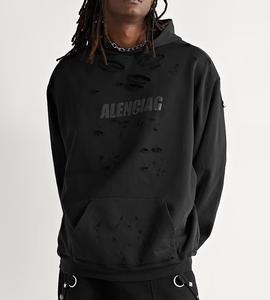 Sudadera con capucha de invierno personalizada Streetwear Vintage Ripped Kangaroo Pocket French Terry Distressed impermeable hombres sudaderas con capucha - Product Image 2