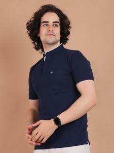 Camiseta de media manga elegante azul marino para hombre con cuello mandarín cómoda y versátil para ocasiones informales semiformales 100% algodón - Product Image 4