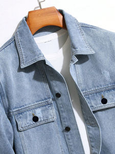 Chaqueta vaquera lavada con piedra Vintage para hombre, ropa de calle alta con estilo, temporada de primavera, diseño liso con cuello levantado holgado de gran tamaño - Product Image 3
