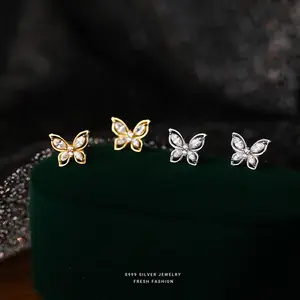 Wholesale 925 Sterling Silver Animal Cute Trendy Jewelry Girls 18K Gold Plated Zircon Butterfly Stud Earrings