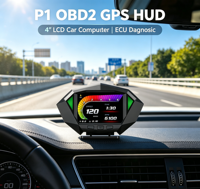 Afficheur tête haute (HUD) LCD P1 pour voiture, OBD2 GPS, ordinateur de bord, horloge 4 pouces, compteur de vitesse, outils de diagnostic numérique ECU