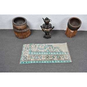 Alfombra de lana turca Vintage de 1,5x2,9 pies, diseño de retales Beige y azul, tejido plano con respaldo de látex para decoraciones de sala de estar - Product Image 3