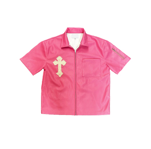 Chemises en cuir Boxy de qualité supérieure avec logo personnalisé OEM Chemises polo en cuir à écussons zippés surdimensionnés pour hommes - Product Image 5