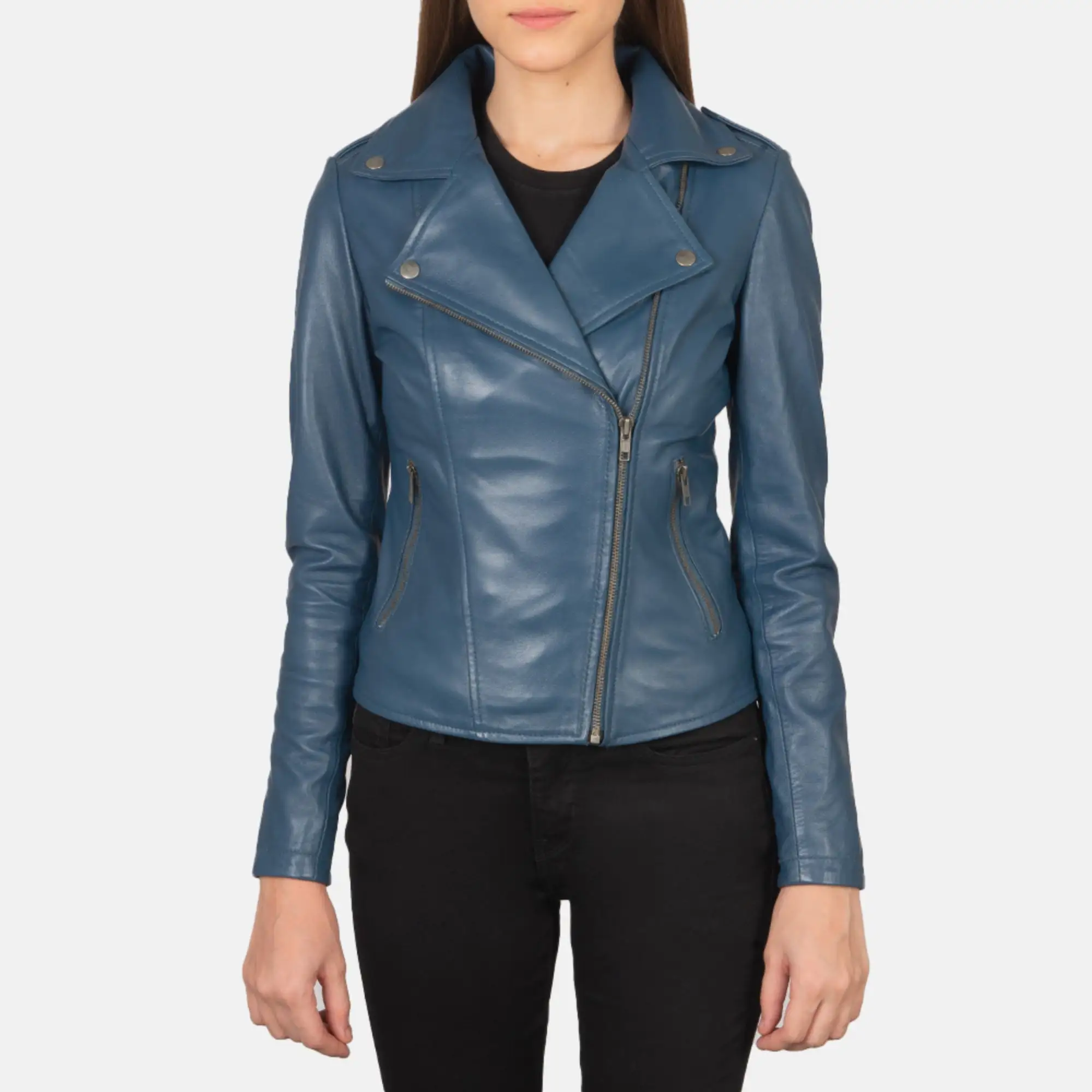 Jaqueta feminina de couro legítimo, peles de carneiro aniline, lanterna, azul, para motociclista, forro e viscosa interno, com bolsos para fora