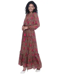 Wear Women's Boho Paisley Floral Printed Long Dress French Crepe and Silk Fabric Casual Wear Long Sleeve