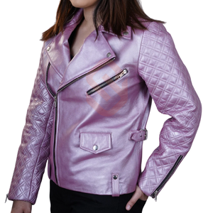 Veste de motard en cuir violet métallisé pour femmes, nouvelle veste de motard en cuir de moto brillante de style matelassé pour Rockstar - Product Image 2