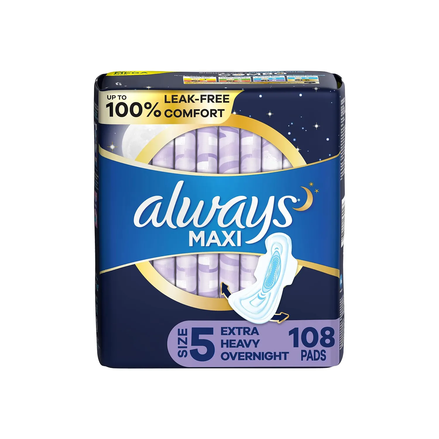 Always Maxi Feminine Pads, Size 5, Extra Heavy Overnight, Unscented - 108 Count Total (3 Packs of 36) with Wings Ultimate