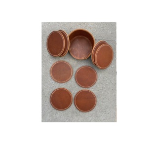 Posavasos de corcho redondo de cuero hecho a mano, juego de seis posavasos con soporte de Metal dorado, producto en oferta - Product Image 2