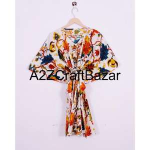 Handmade Cotton Floral Bodycon <b>Short</b> Kaftan for Women Beach Cover Spring Summer Bohemian Regular Fit Casual Breathable Washable - Product Image 1