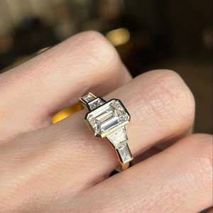 7x9mm <b>Emerald</b> Cut Moissanite Engagement <b>Ring</b> Bezel Set Three Stone Yellow Gold Plated 925 <b>Silver</b> Fine Jewelry Wholesale - Product Image 4