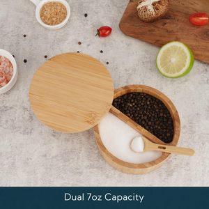 Bol à sel et poivre en bambou, récipient de cave, cuillère de service intégrée divisée pour éviter la poussière, couvercle pivotant pour garder la mer au sec - Product Image 2