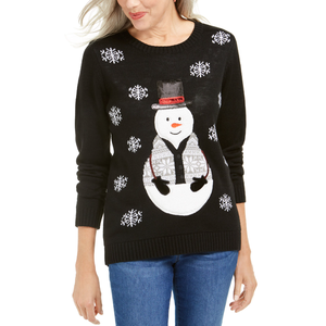 เสื้อสเวตเตอร์ลำลองสำหรับผู้หญิง แบรนด์ Karen Scott ลายตุ๊กตาหิมะประดับเลื่อม สีดำ ไซส์ใหญ่พิเศษ - Product Image 1