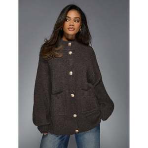 Cárdigan Largo de Invierno para Mujer con Cuello Alto Simulado, Botones Frontales, Mangas Murciélago y Tejido de Punto - Product Image 2