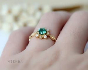 Round-Shaped Lab Grown Emerald Ring Handcrafted in 10K Solid Gold Vintage Emerald Wedding Ring Customized Metal Tone/Purity - Product Image 6
