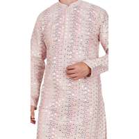 Ensemble Kurta Pajama en Soie Artisanale de Designer | Tenue ethnique indienne traditionnelle brodée en satin à manches longues pour homme, coupe classique