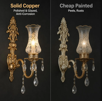 Applique murale en cuivre et cristal, abat-jour en verre gravé classique, E14, lampe décorative de luxe pour salon, chambre, couloir, hôtel