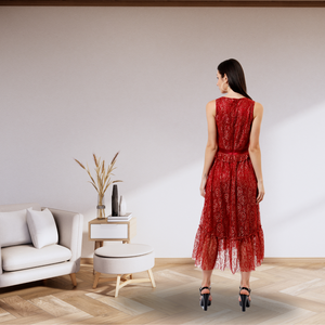 Robe midi rouge chic et luxueuse de style occidental avec un tissu doux et extensible et des imprimés tendance, coupe confortable pour les femmes, à porter pour les fêtes - Product Image 2