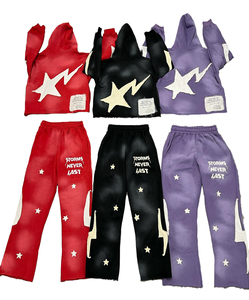 Sweat à capuche zippé boxy délavé à l'acide et pantalon moins évasé pour hommes survêtements personnalisés avec lettres et patchs brodés en détresse vêtements de sport - Product Image 5