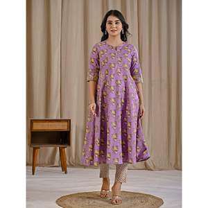 Conjunto de Kurta y Pantalón de Algodón Estampado Morado Jaal para Niñas, Traje Tradicional Étnico Salwar Kameez para Fiestas y Ocasiones Especiales, Hecho de Tela de Red - Product Image 3