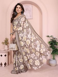 Sari de Seda Ligero con Estampado Floral para Toda Ocasión, Estilo Tradicional para Fiestas - Product Image 5