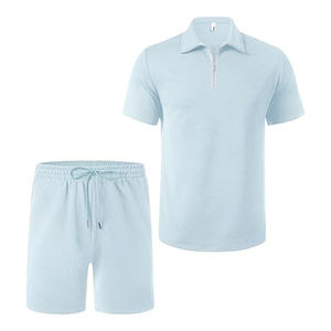 Tenues de sport de jogging athlétique bleu clair respirantes pour hommes ensemble de 2 pièces polo à fermeture éclair courte survêtement - Product Image 4