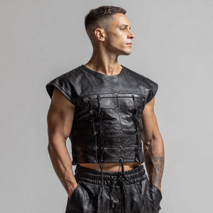 Men Leather Crop Tops <b>Square</b> Neck Fashion Leather Crop Tee High Quality Sleeveless Short Tee Men's - Product Image 6