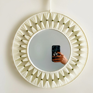 Creamy <b>White</b> and Olive Green Macrame <b>Mirror</b> - Product Image 1