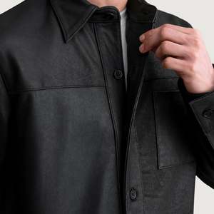 <b>Men's</b> Semi-Aniline Tumbled <b>Black</b> Sheepskin Leather Turn-down Collar Chest Pocket Shacket - Product Image 5