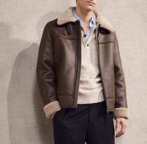 Blouson d'hiver pour homme en cuir d'agneau véritable marron, col montant, tissu en laine, fermeture éclair, écologique, séchage rapide, respirant - Product Image 6