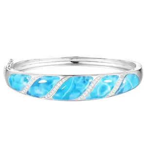 Inlay larimar vẻ đẹp màu xanh đá quý Bangle đồ trang sức Jewel 925S larimar đại dương sóng bộ sưu tập Bangle