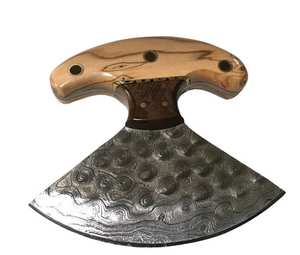 Cuchillo Ulu de Acero de Damasco Hecho a Mano con Mango de Madera, Funda de Cuero y Soporte de Madera - Product Image 5