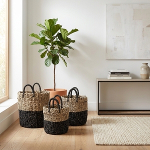 Natural Seagrass Storage <b>Basket</b> Set Black Bottom Dip Wrapped Handle Round Pot Planter Laundry Setup Decor Pure Art Design - Product Image 5