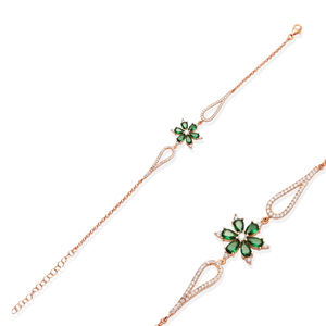 Pulsera con Dijes de Circonita Transparente con Diseño de Flor Esmeralda, Chapada en Oro, Joyería Turca Hecha a Mano al por Mayor, Plata de Ley 925 - Product Image 3
