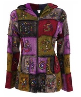 Blouson d'été pour femme en coton écologique respirant, à capuche zippée, avec broderie florale et rayures aux couleurs vives, en peau de mouton tissée