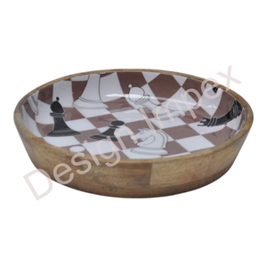 Grand saladier incurvé à motif échecs, en bois émaillé, fait main, pour service et décoration de table - Product Image 3