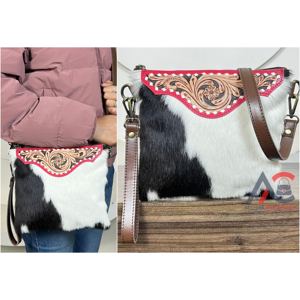 Sac bandoulière en cuir de vachette avec rabat floral travaillé à la main et bordure rose, style bohème, sacs à main pour femmes - Product Image 1