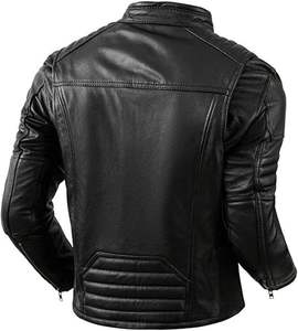 Veste en cuir véritable pour homme, style vintage, effet vieilli, en cuir de vachette, style motard, épaules matelassées, coupe slim. - Product Image 2