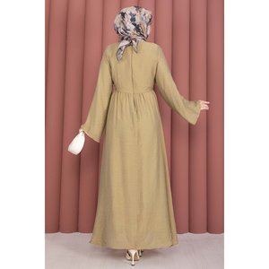 Robe Empire Confortable Vert Olive Coupe A-Line avec Broche Dorée et Boléro Intégré, Style Modeste en Crochet Pailleté pour Invitées de Mariage et Soirées - Product Image 6