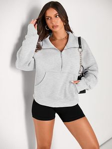 <b>Women's</b> Light Gray Cropped <b>Half</b>-<b>Zip</b> <b>Sweatshirt</b> Regular Fit Knitted Cotton Blend Autumn Wear Stand Collar Full Sleeve - Product Image 6