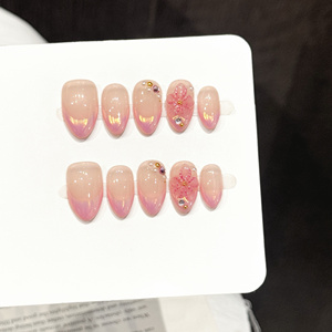 <span class=keywords><strong>Uñas</strong></span> postizas acrílicas de gel reutilizables personalizadas al por mayor, premium, 3D, con diseño de flor, cortas, almendradas, con punta francesa <span class=keywords><strong>rosa</strong></span>, hechas a mano, de presión. - Product Image 6