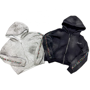 Sudadera con capucha y cremallera OEM personalizada unisex de invierno, estilo vintage, de algodón grueso, con efecto deslavado, pedrería y estampado DTG de gran tamaño (Muestra disponible) Alta calidad - Product Image 2