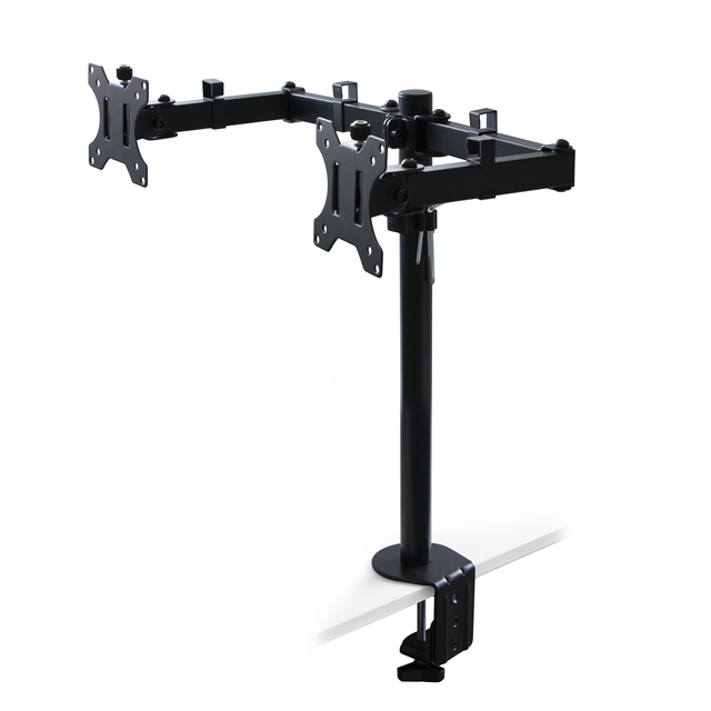 Emuca Black Painted Double Steel Monitor Arm Stand Tilting and 360 Rotating for Tables Made in Spain